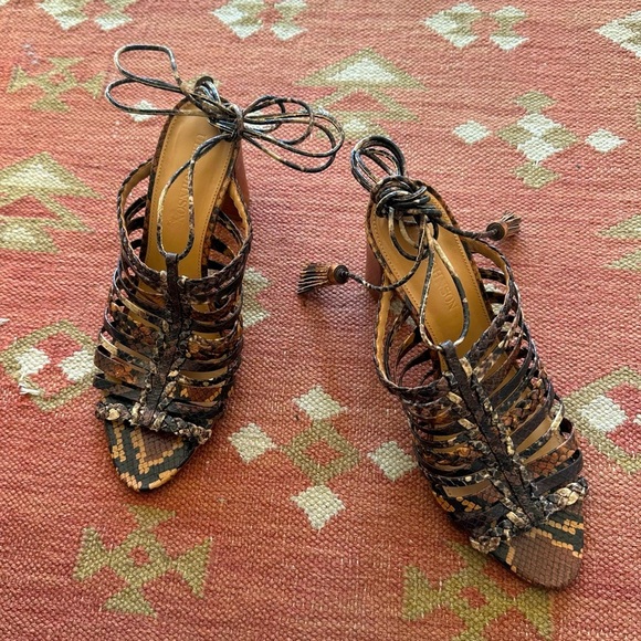 Ulla Johnson Rayna snake print leather lace up high heeled sandals wrap tassels - Picture 3 of 9